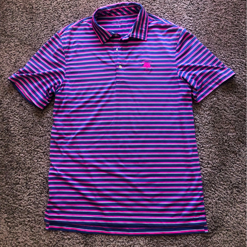 Vineyard Vines Men's Polo - Navy and Pink Stripes Wykagyl Country Club 1898 logo